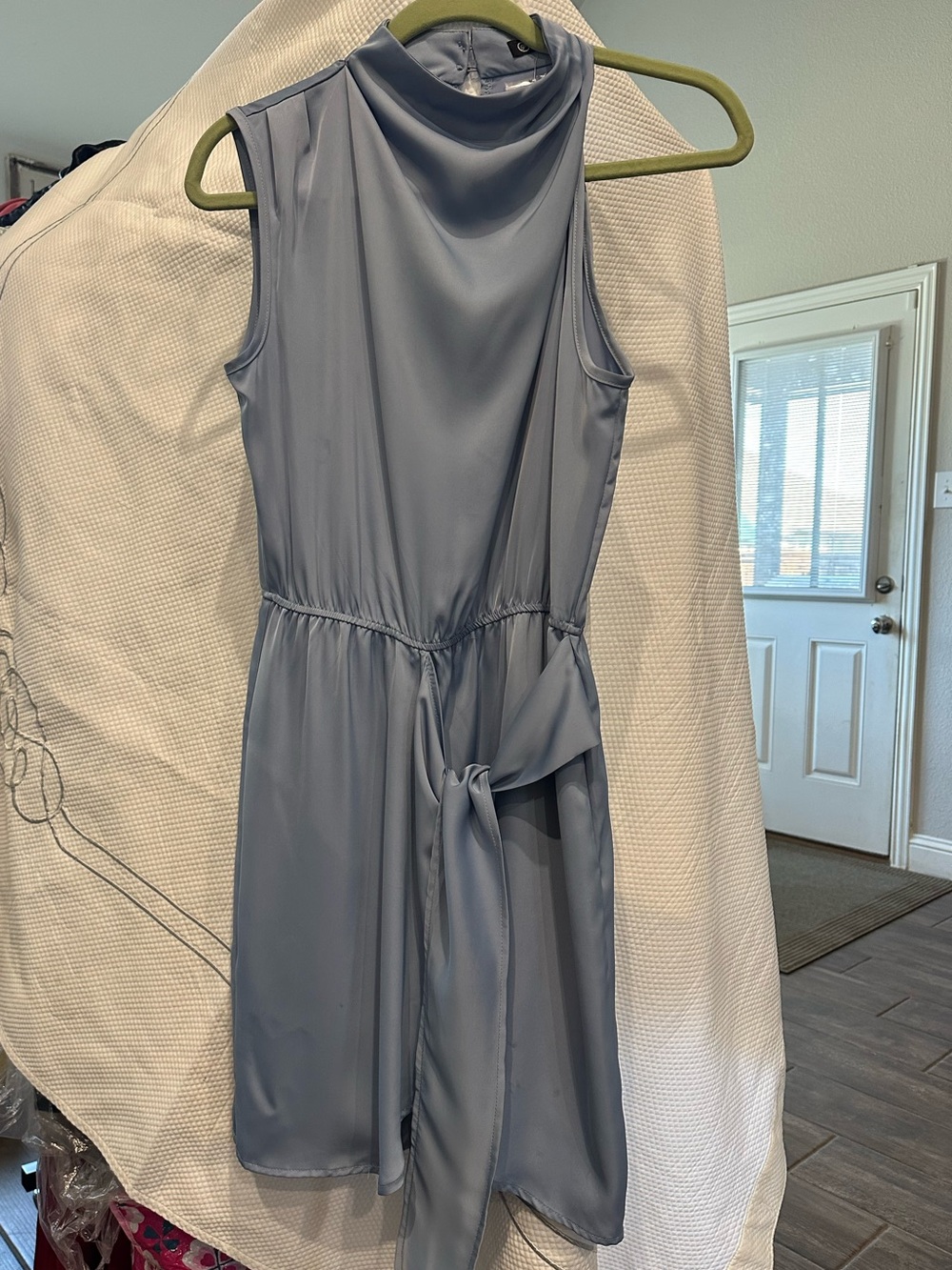 NWT PrettyGarden Blue Satin Asymmetrical Wrap Tie Dress Size S